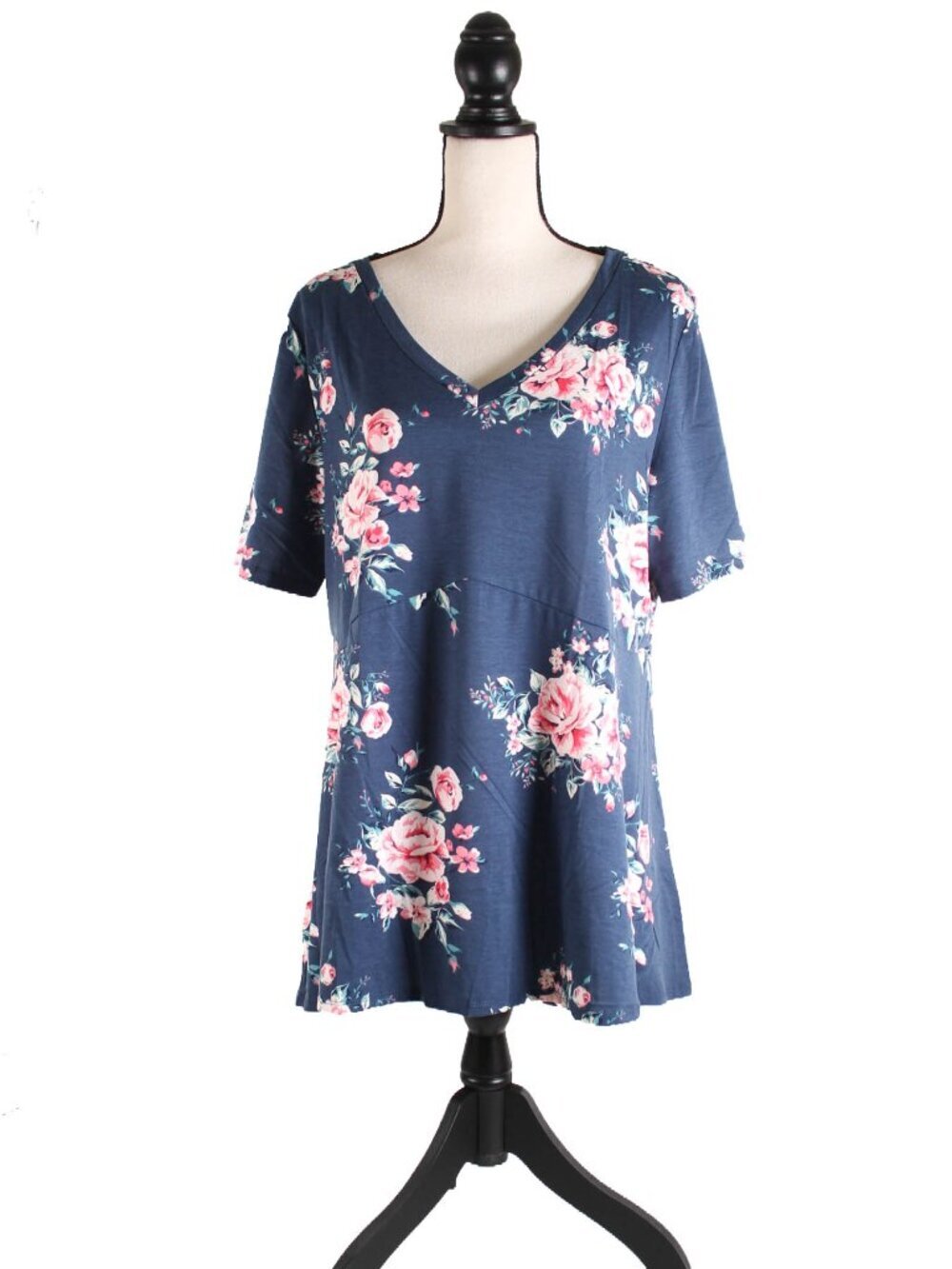 NWT LuLaRoe Jana Top XL Blue Pink Floral V-Neck Swing Tunic Stretch